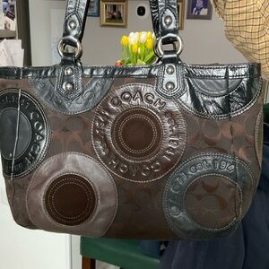 Coach Brown and Black Signature Circle Tote